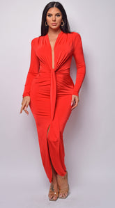 Celeste Bright Red V Plunge Drape Dress