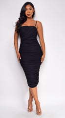 Valery Black Mesh Ruched Midi Dress