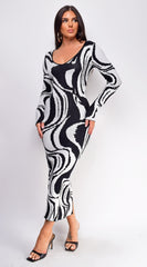 Maeva Black White Swirl Sweater Midi Dress