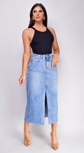 Frances High Rise Denim Midi Skirt - Blue