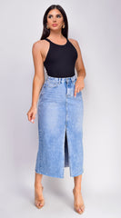 Frances High Rise Denim Midi Skirt - Blue