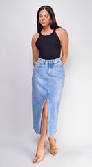 Frances High Rise Denim Midi Skirt - Blue