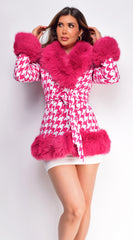 Elizaveta Hot Pink Plaid Faux Fur Wool Coat
