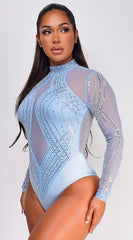 Alicia Rhinestone Mesh Bodysuit - Blue