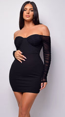 Yasna Black Mesh Ruched Sleeve Mini Dress