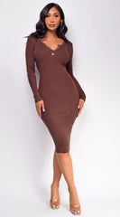 Aura Button Ribbed Midi Dress - Brown