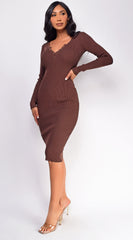 Aura Button Ribbed Midi Dress - Brown