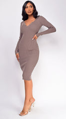Aura Button Ribbed Midi Dress - Beige