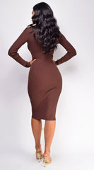 Aura Button Ribbed Midi Dress - Brown