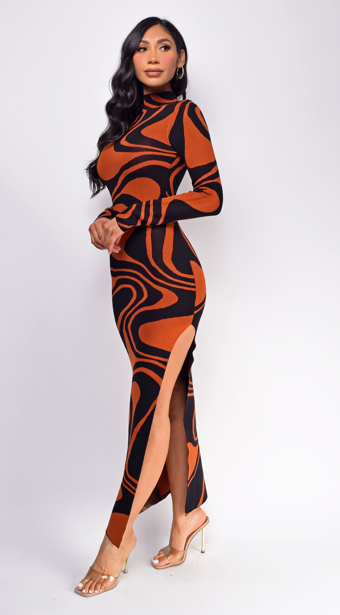 Autumn Black Rust Brown Jacquard Side Slit Maxi Dress