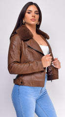 Maine Fur Leather Biker Jacket - Brown