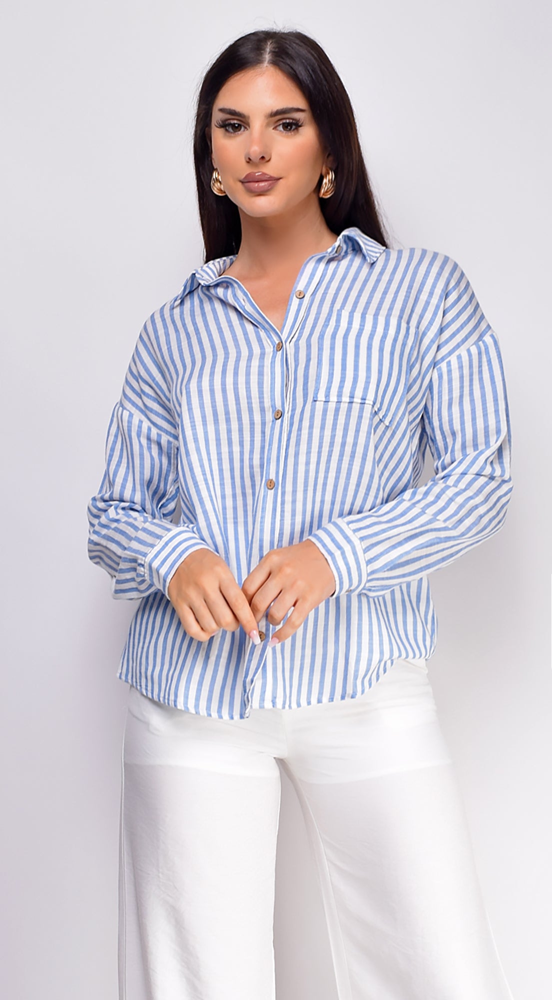 Iris Button Down Striped Shirt Top - Blue