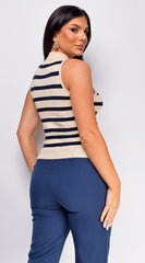 Minerva Beige Navy Blue Striped High Neck Sleeveless Top