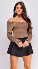 Moxie Off Shoulder Zip Up Sweater Top - Brown