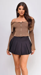 Moxie Off Shoulder Zip Up Sweater Top - Brown