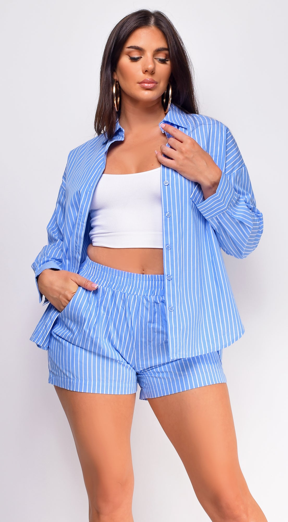 Lani Blue White Striped Two Piece Shirt Set