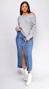 Tulli Blue Medium Wash Midi Denim Skirt