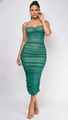 Keilana Mesh Ruched Midi Dress - Green