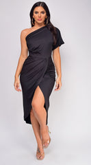 Pearl Black Venetian Ruched Midi Dress