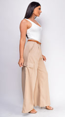 Iva Beige Wide Leg Cargo Pocket Pants