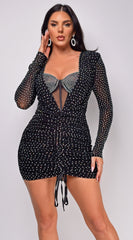 Billie Black Rhinestone Ruched Mini Dress
