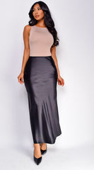 Ophelia Satin Slip Midi Skirt - Black