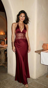 Ravena Lace Satin Detail Halter Maxi Dress - Red