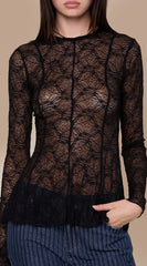 Sheer Lace Print Blouse - Black