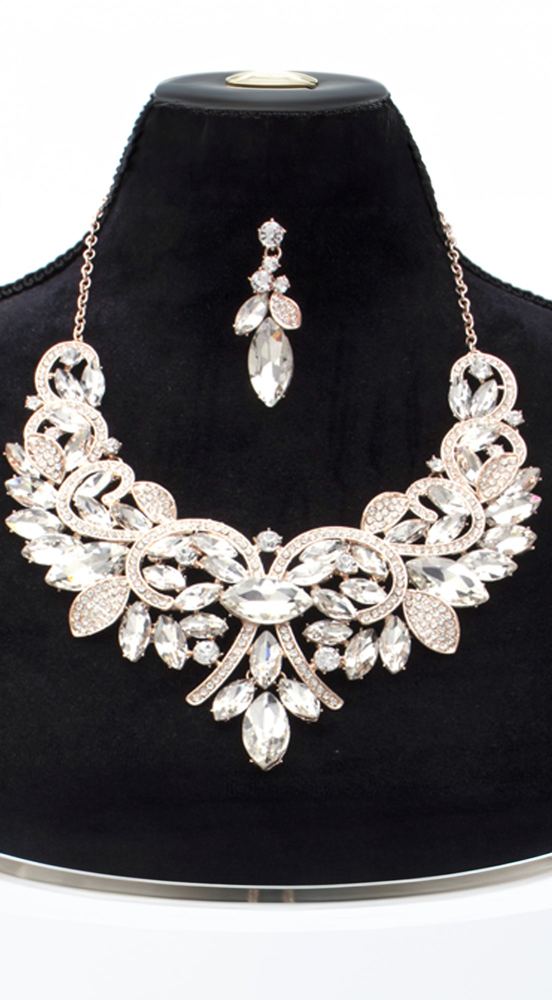 Marquise Rhinestone Necklace & Earrings Set- Rose Gold