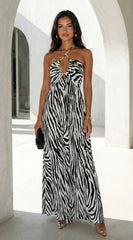 Noemiya Zebra Pleated Halter Maxi Dress - White