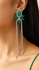 Lux Long Crystal Drop Earrings - Green