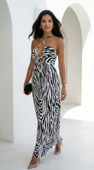Noemiya Zebra Pleated Halter Maxi Dress - White