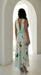Elysira Reverse Halter Floral Satin Maxi Dress - Mint Blue