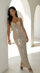 Celestara Rhinestone Cutout Maxi Dress - Beige