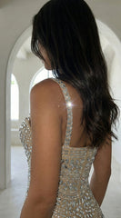 Celestara Rhinestone Cutout Maxi Dress - Beige