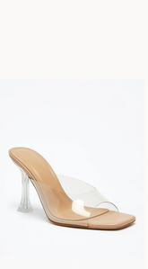 Victoria Clear Strap Mule Heels - Beige