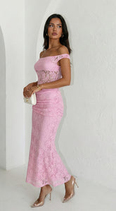 Roselune Lace Off Shoulder Dress - Pink
