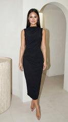 Stockholm Draped Black Midi Dress - Black