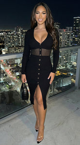 Desma V Neck Button Detail Midi Dress - Black