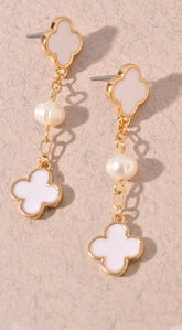 Mya Clover & Fresh Water Pearl Chain Earrings - White