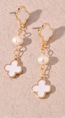 Mya Clover & Fresh Water Pearl Chain Earrings - White