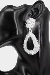 Silver Textured Open Teardrop Dangle Earrings