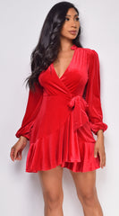 Dream Red Ruffled Wrap Velvet Mini Dress
