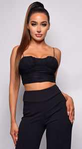 Milarose Black Ruched Mesh Crop Top
