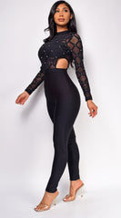 Bonnie Black Mesh Studded Bandage Jumpsuit