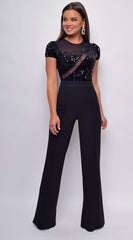 Jaqueta Black Sequin Mesh Short Sleeve Jumpsuit