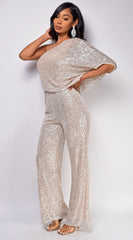 Rebecca Champagne Gold One Sleeve Sequin Jumpsuit