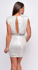 Stare Silver Nude Sequin V-Neck Shoulder Pad Mini Dress