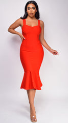 Lorena Red Fluted Bandage Midi Dress