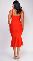 Lorena Red Fluted Bandage Midi Dress